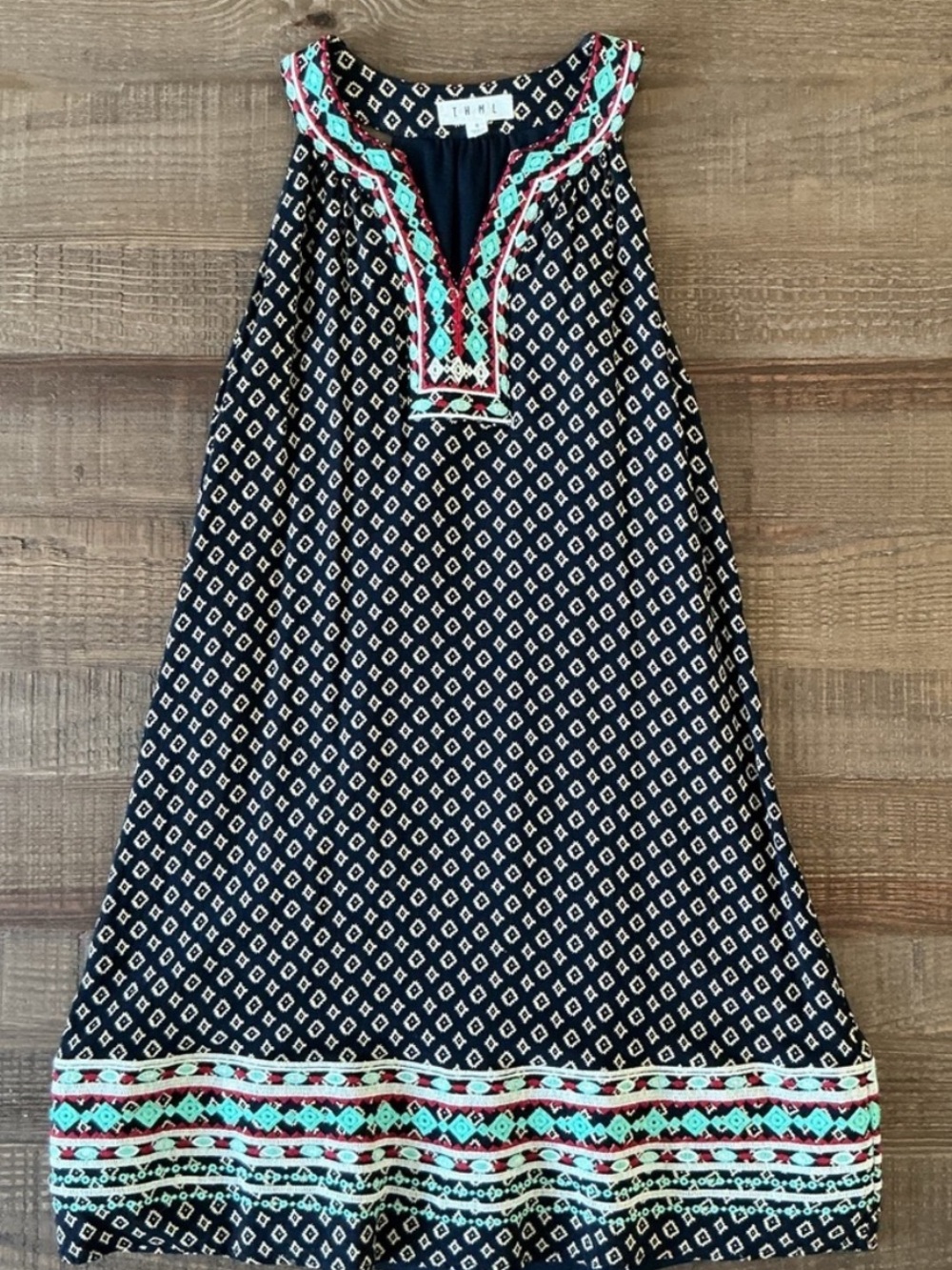 Anthropologie THML Embroidered Bohemian Mini Dress Navy Blue Geometric Small